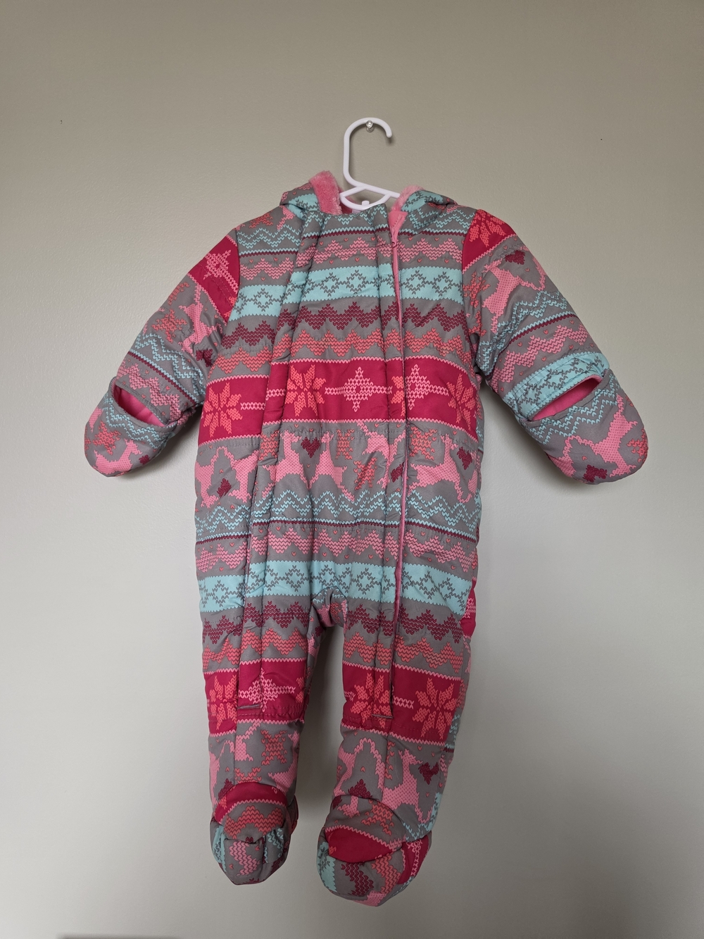 George Pink, Teal & Gray Patterned Hooded One-Piece Snow Suit